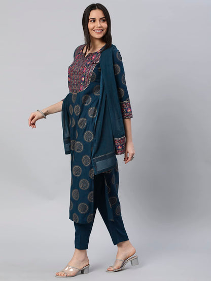 Women's Cotton Blend Printed Straight Kurta with Pant & Dupatta (NOV-Pink-GS_M_Pink_Medium)
