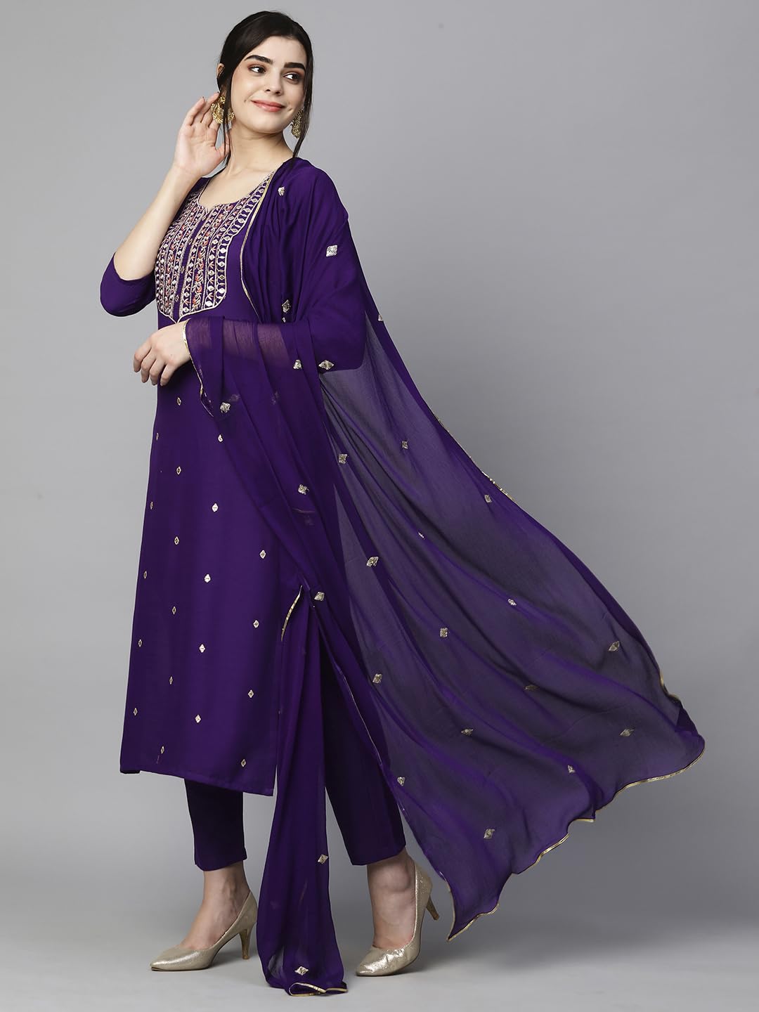 Women's Cotton Blend Embroidered Straight Kurta with Pant & Dupatta (Kasturi Begani-NGT-GS_XL_Blue_X-Large)