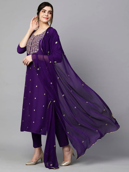 Women's Cotton Blend Embroidered Straight Kurta with Pant & Dupatta (Kasturi Begani-NGT-GS_XL_Blue_X-Large)