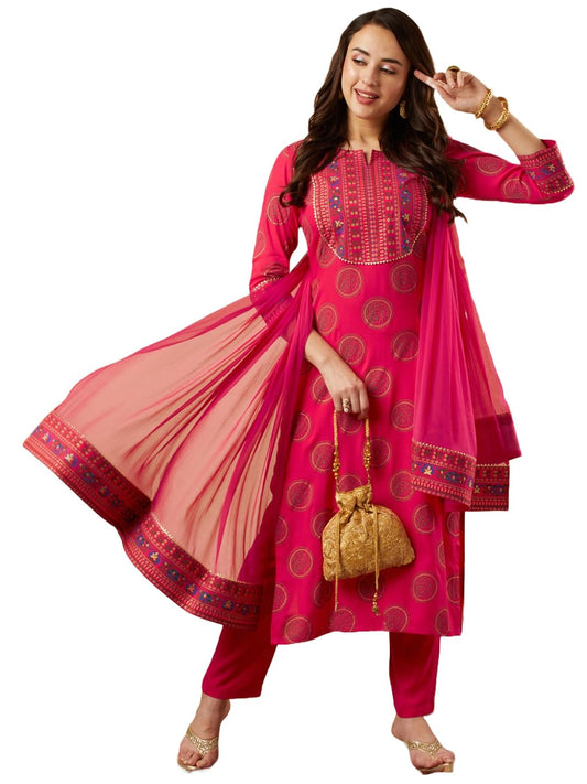 Women's Cotton Blend Printed Straight Kurta with Pant & Dupatta (NOV-Pink-GS_M_Pink_Medium)