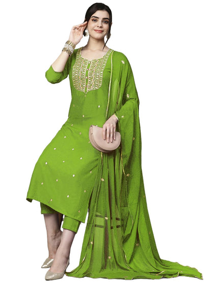 Women's Cotton Blend Embroidered Straight Kurta with Pant & Dupatta (Kasturi Begani-NGT-GS_XL_Blue_X-Large)