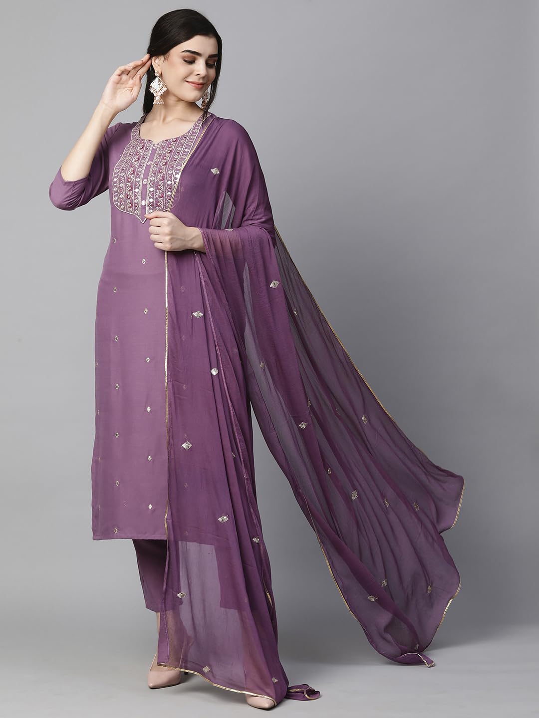 Women's Cotton Blend Embroidered Straight Kurta with Pant & Dupatta (Kasturi Begani-NGT-GS_XL_Blue_X-Large)