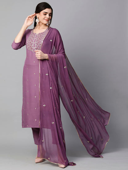 Women's Cotton Blend Embroidered Straight Kurta with Pant & Dupatta (Kasturi Begani-NGT-GS_XL_Blue_X-Large)