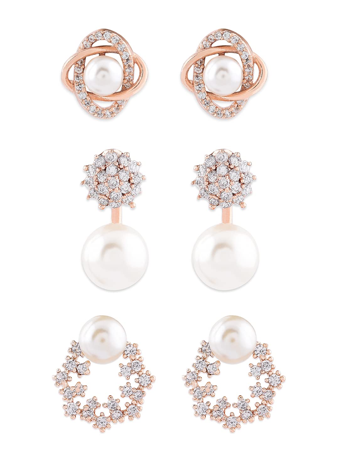 Combo of 3 Cubic Zirconia & Pearls Contemporary Brass Stud Earrings For Women