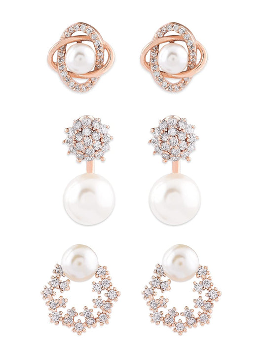 Combo of 3 Cubic Zirconia & Pearls Contemporary Brass Stud Earrings For Women