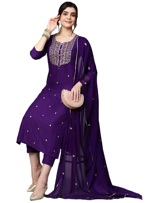 Women's Cotton Blend Embroidered Straight Kurta with Pant & Dupatta (Kasturi Begani-NGT-GS_XL_Blue_X-Large)