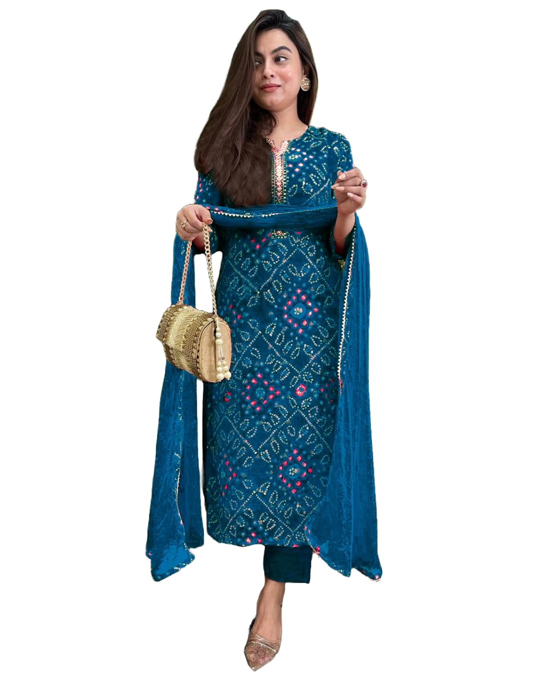 Women's Rayon Blend Straight Printed Kurta with Pant & Dupatta (TURAE Rani-GS_L_Pink_Large)