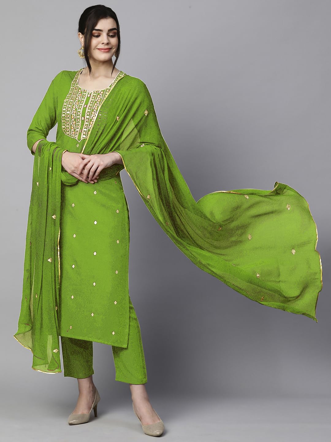 Women's Cotton Blend Embroidered Straight Kurta with Pant & Dupatta (Kasturi Begani-NGT-GS_XL_Blue_X-Large)