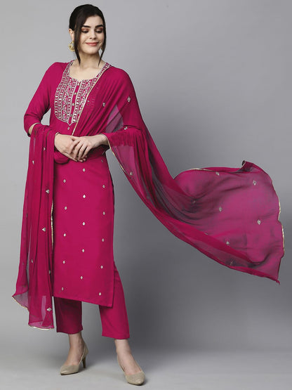 Women's Cotton Blend Embroidered Straight Kurta with Pant & Dupatta (Kasturi Begani-NGT-GS_XL_Blue_X-Large)