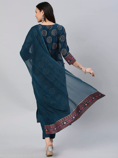 Women's Cotton Blend Printed Straight Kurta with Pant & Dupatta (NOV-Pink-GS_M_Pink_Medium)