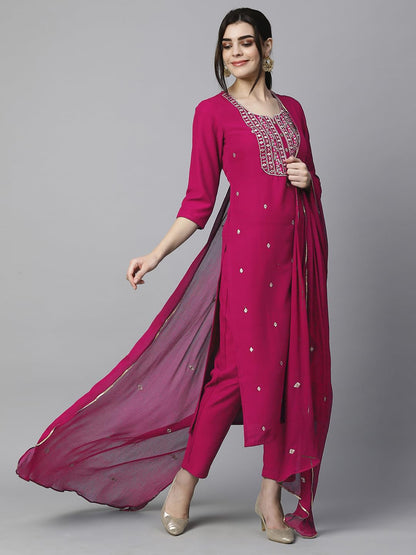 Women's Cotton Blend Embroidered Straight Kurta with Pant & Dupatta (Kasturi Begani-NGT-GS_XL_Blue_X-Large)