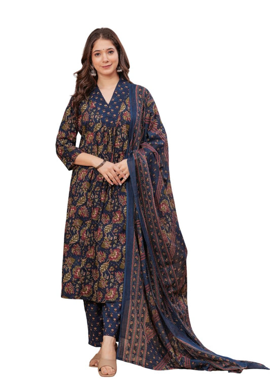 Women's Cotton Anarkali Printed Kurta with Palazzo & Dupatta Blue