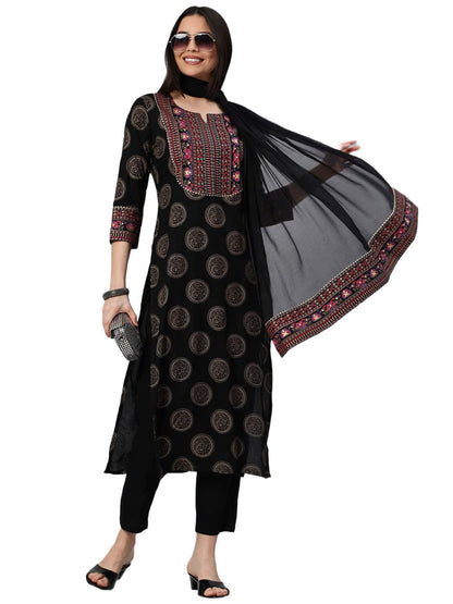 Women's Cotton Blend Printed Straight Kurta with Pant & Dupatta (NOV-Pink-GS_M_Pink_Medium)