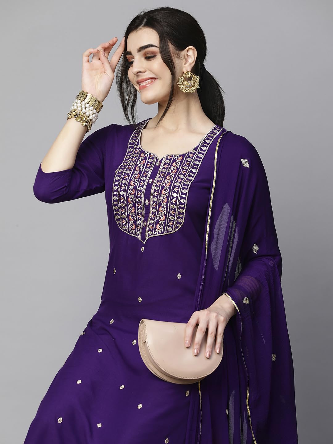 Women's Cotton Blend Embroidered Straight Kurta with Pant & Dupatta (Kasturi Begani-NGT-GS_XL_Blue_X-Large)