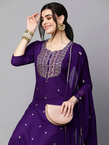 Women's Cotton Blend Embroidered Straight Kurta with Pant & Dupatta (Kasturi Begani-NGT-GS_XL_Blue_X-Large)