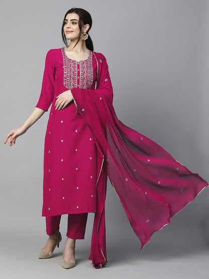 Women's Cotton Blend Embroidered Straight Kurta with Pant & Dupatta (Kasturi Begani-NGT-GS_XL_Blue_X-Large)