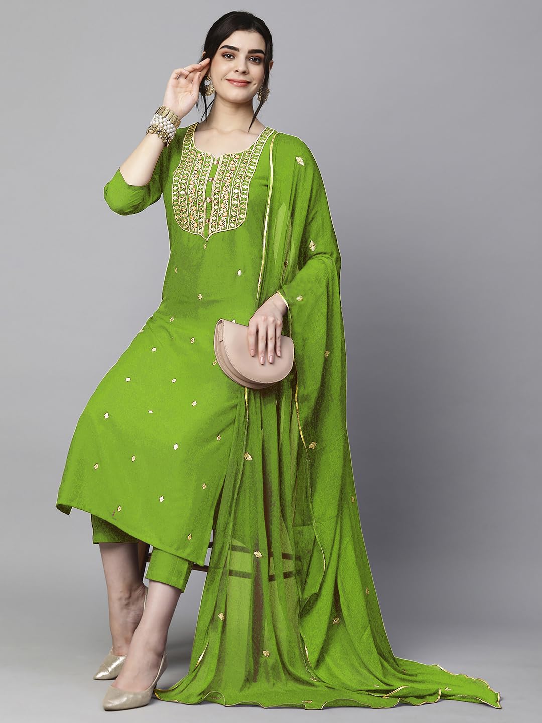 Women's Cotton Blend Embroidered Straight Kurta with Pant & Dupatta (Kasturi Begani-NGT-GS_XL_Blue_X-Large)