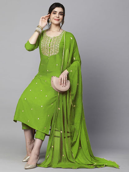 Women's Cotton Blend Embroidered Straight Kurta with Pant & Dupatta (Kasturi Begani-NGT-GS_XL_Blue_X-Large)