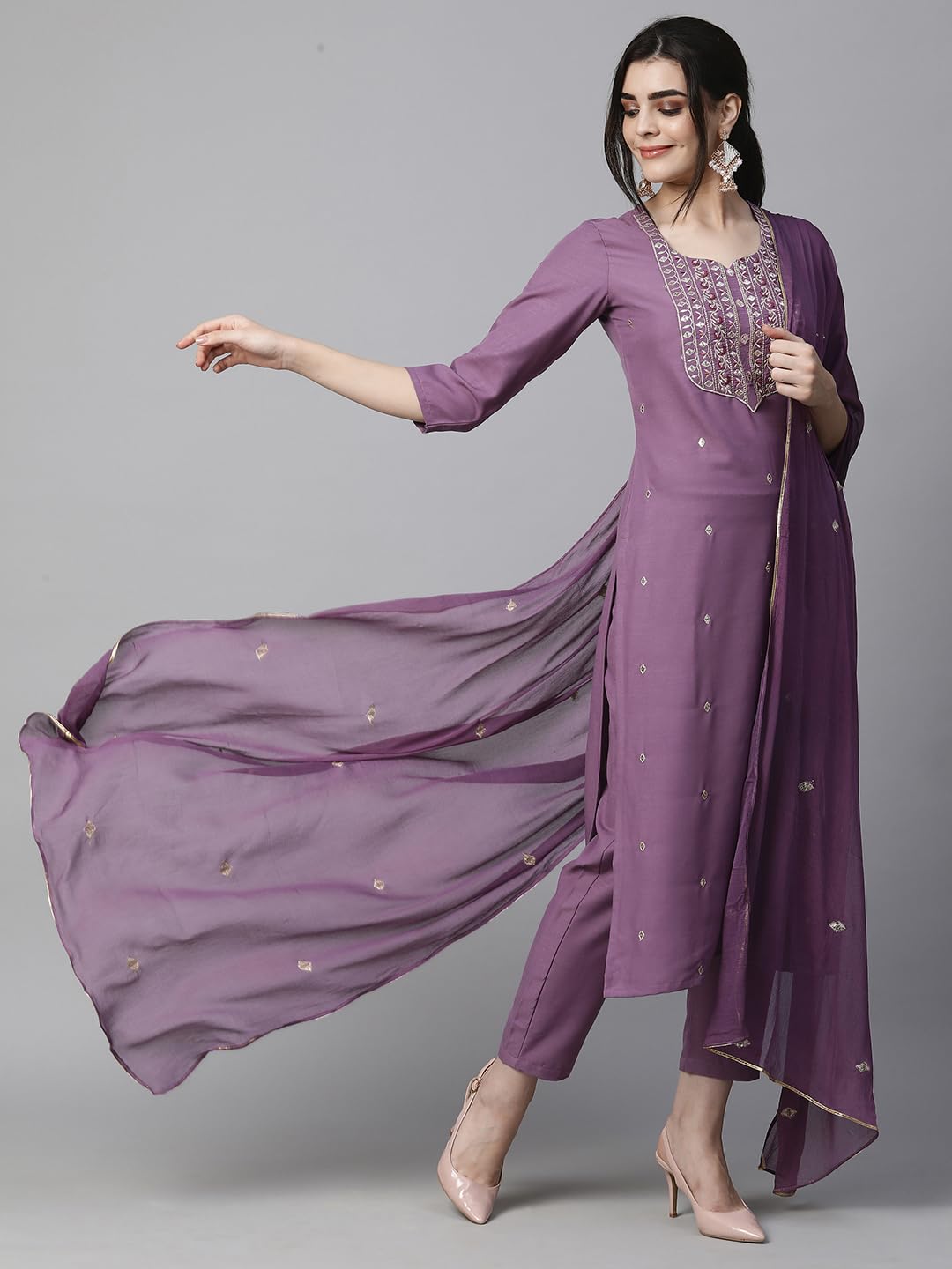 Women's Cotton Blend Embroidered Straight Kurta with Pant & Dupatta (Kasturi Begani-NGT-GS_XL_Blue_X-Large)