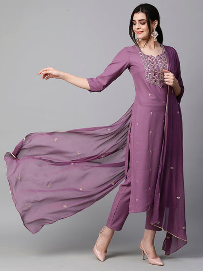 Women's Cotton Blend Embroidered Straight Kurta with Pant & Dupatta (Kasturi Begani-NGT-GS_XL_Blue_X-Large)