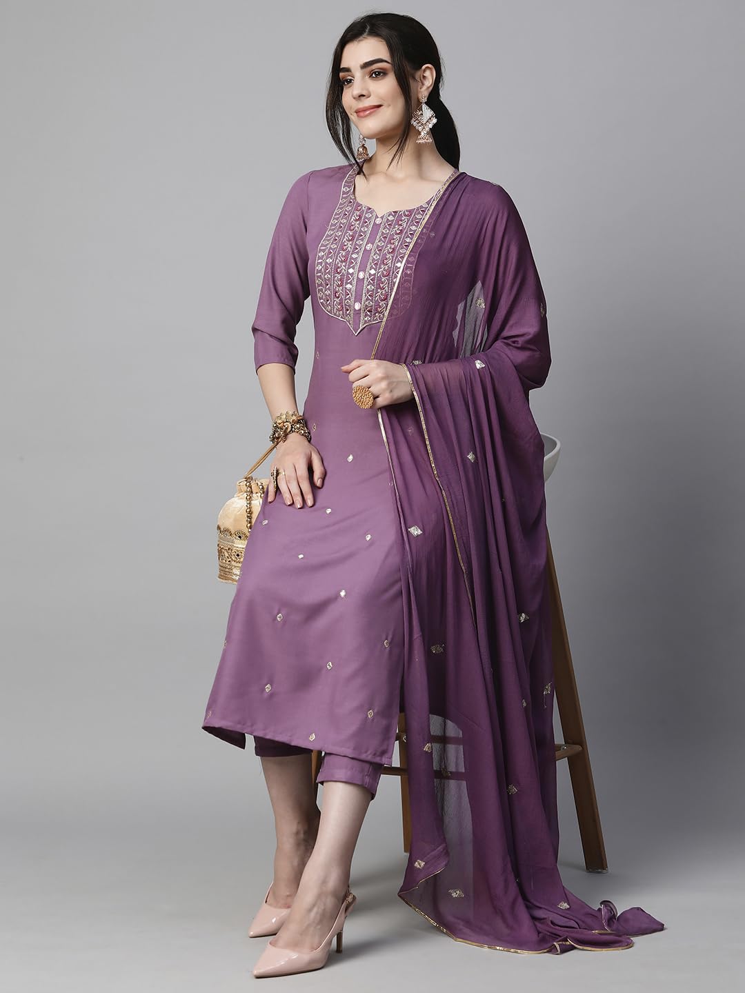Women's Cotton Blend Embroidered Straight Kurta with Pant & Dupatta (Kasturi Begani-NGT-GS_XL_Blue_X-Large)