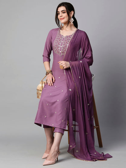Women's Cotton Blend Embroidered Straight Kurta with Pant & Dupatta (Kasturi Begani-NGT-GS_XL_Blue_X-Large)