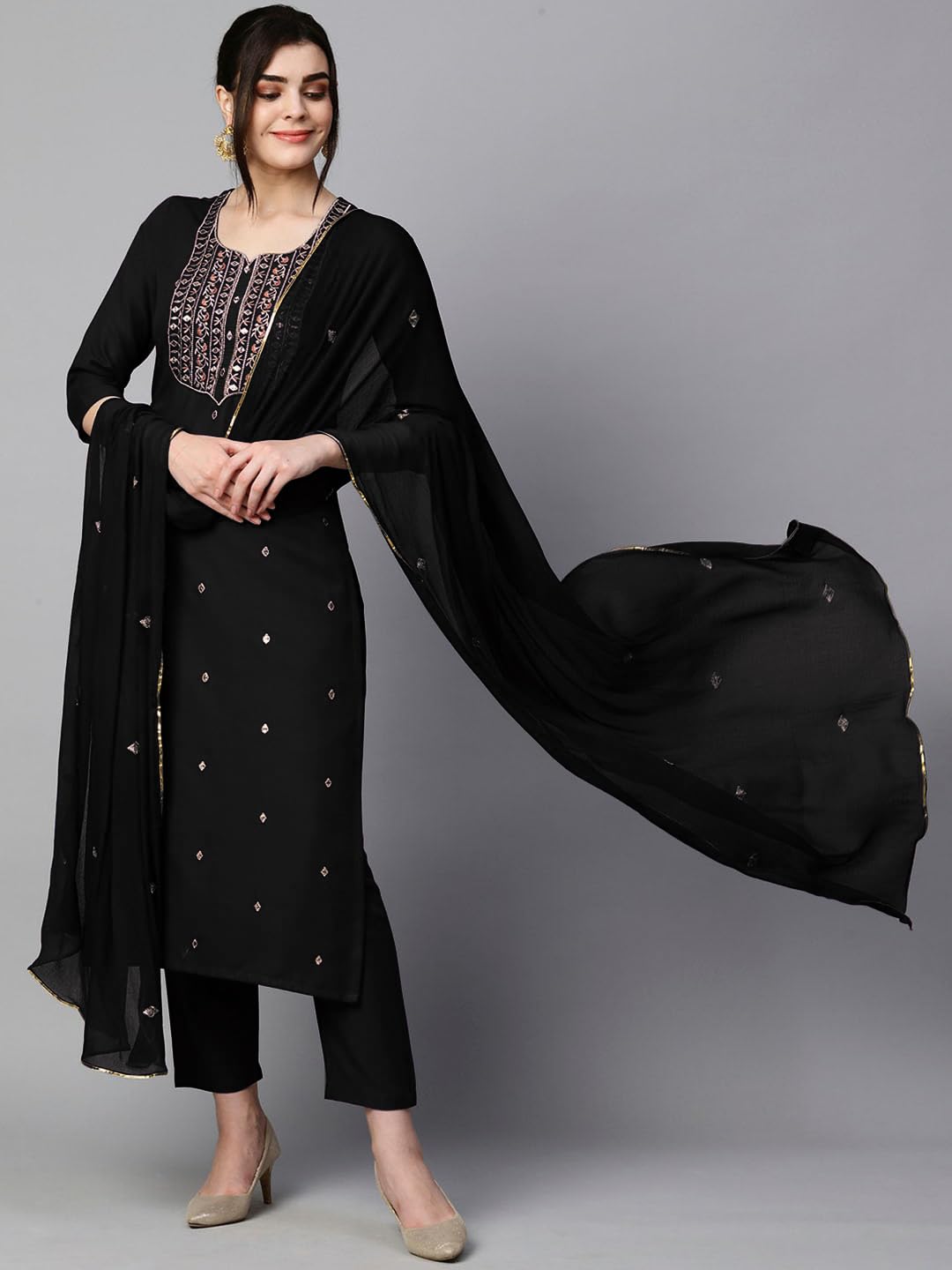 Women's Cotton Blend Embroidered Straight Kurta with Pant & Dupatta (Kasturi Begani-NGT-GS_XL_Blue_X-Large)