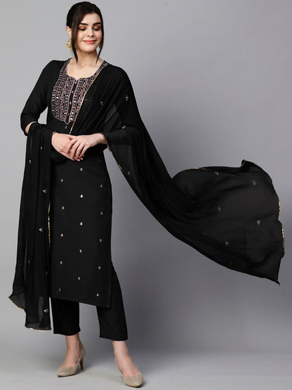 Women's Cotton Blend Embroidered Straight Kurta with Pant & Dupatta (Kasturi Begani-NGT-GS_XL_Blue_X-Large)