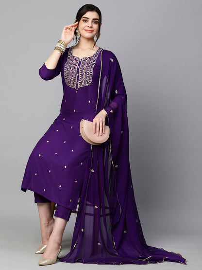 Women's Cotton Blend Embroidered Straight Kurta with Pant & Dupatta (Kasturi Begani-NGT-GS_XL_Blue_X-Large)