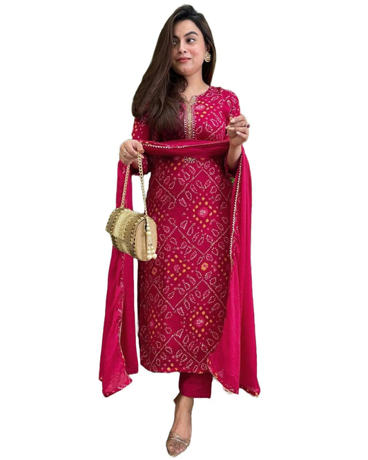 Women's Rayon Blend Straight Printed Kurta with Pant & Dupatta (TURAE Rani-GS_L_Pink_Large)