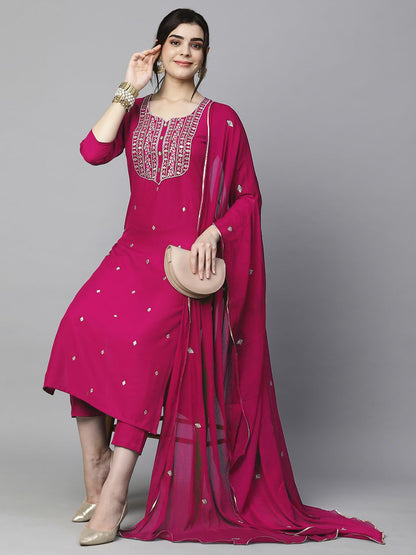 Women's Cotton Blend Embroidered Straight Kurta with Pant & Dupatta (Kasturi Begani-NGT-GS_XL_Blue_X-Large)