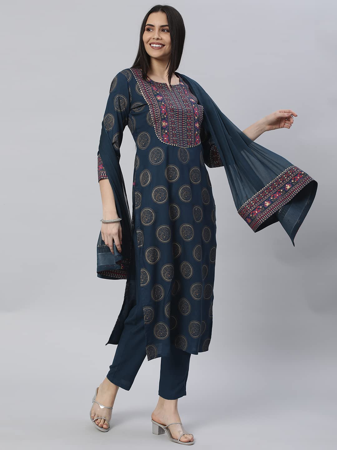 Women's Cotton Blend Printed Straight Kurta with Pant & Dupatta (NOV-Pink-GS_M_Pink_Medium)