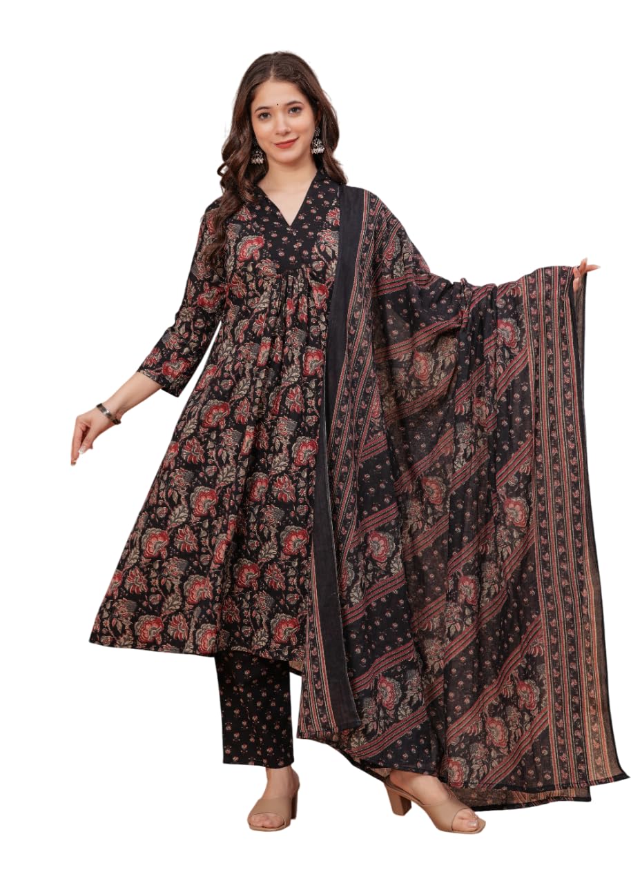 Women's Cotton Anarkali Printed Kurta with Palazzo & Dupatta Blue