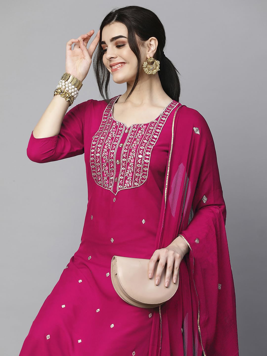 Women's Cotton Blend Embroidered Straight Kurta with Pant & Dupatta (Kasturi Begani-NGT-GS_XL_Blue_X-Large)
