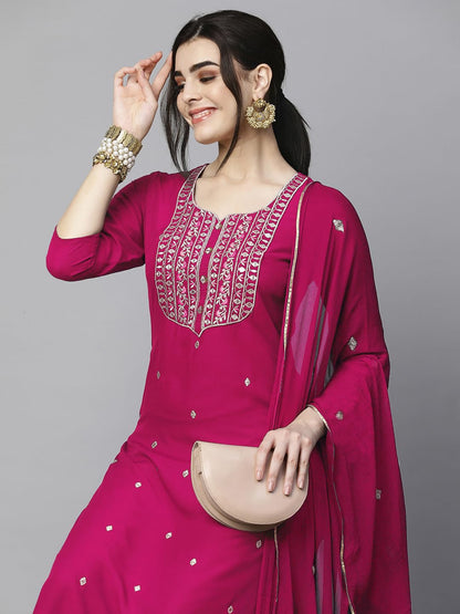 Women's Cotton Blend Embroidered Straight Kurta with Pant & Dupatta (Kasturi Begani-NGT-GS_XL_Blue_X-Large)