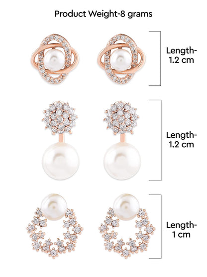 Combo of 3 Cubic Zirconia & Pearls Contemporary Brass Stud Earrings For Women