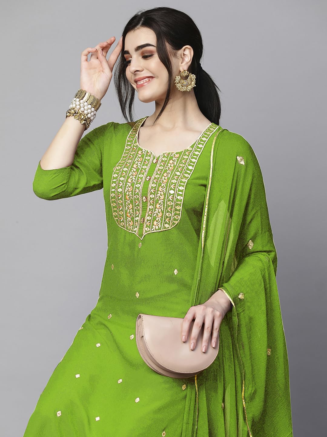 Women's Cotton Blend Embroidered Straight Kurta with Pant & Dupatta (Kasturi Begani-NGT-GS_XL_Blue_X-Large)