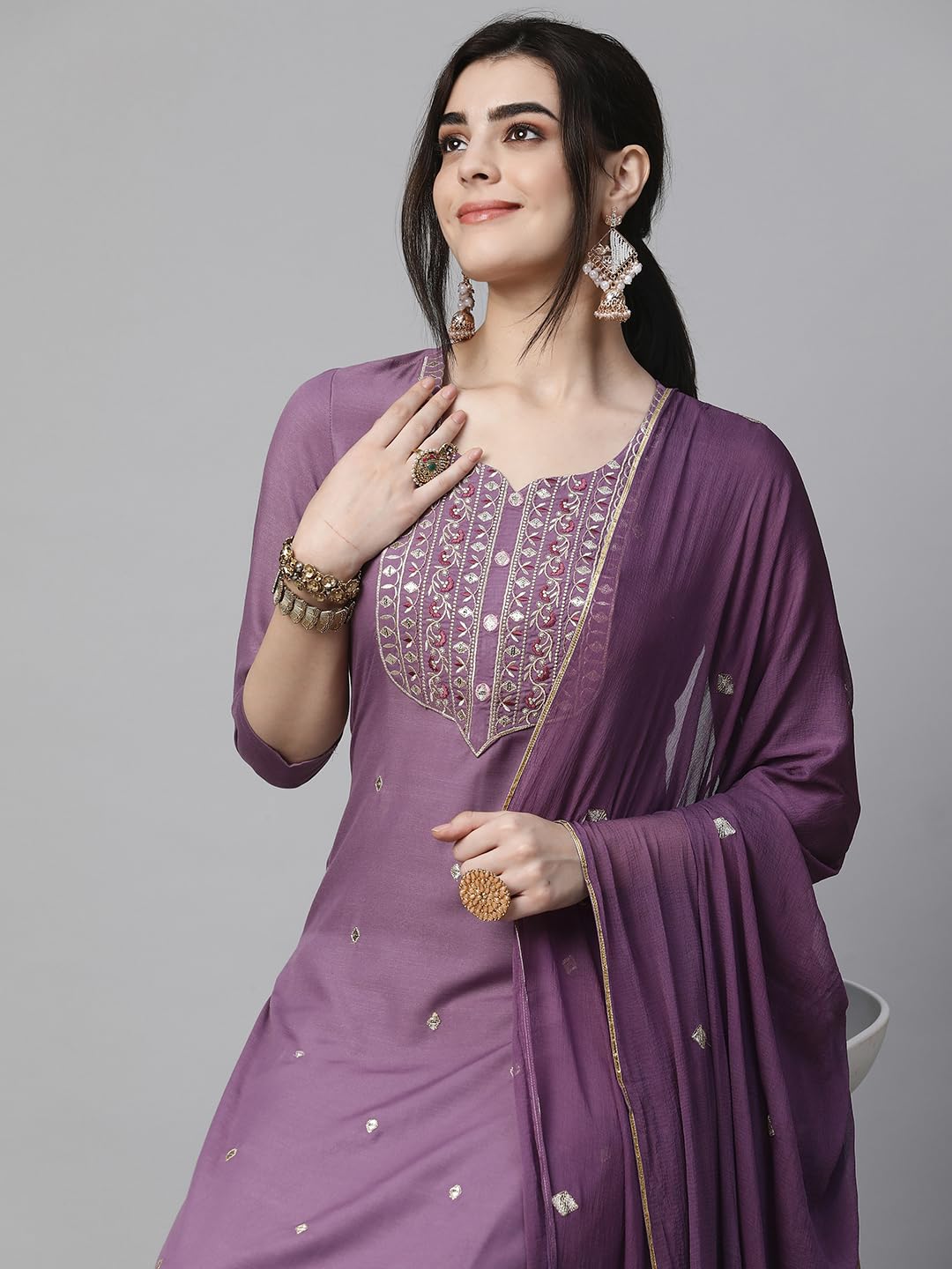 Women's Cotton Blend Embroidered Straight Kurta with Pant & Dupatta (Kasturi Begani-NGT-GS_XL_Blue_X-Large)
