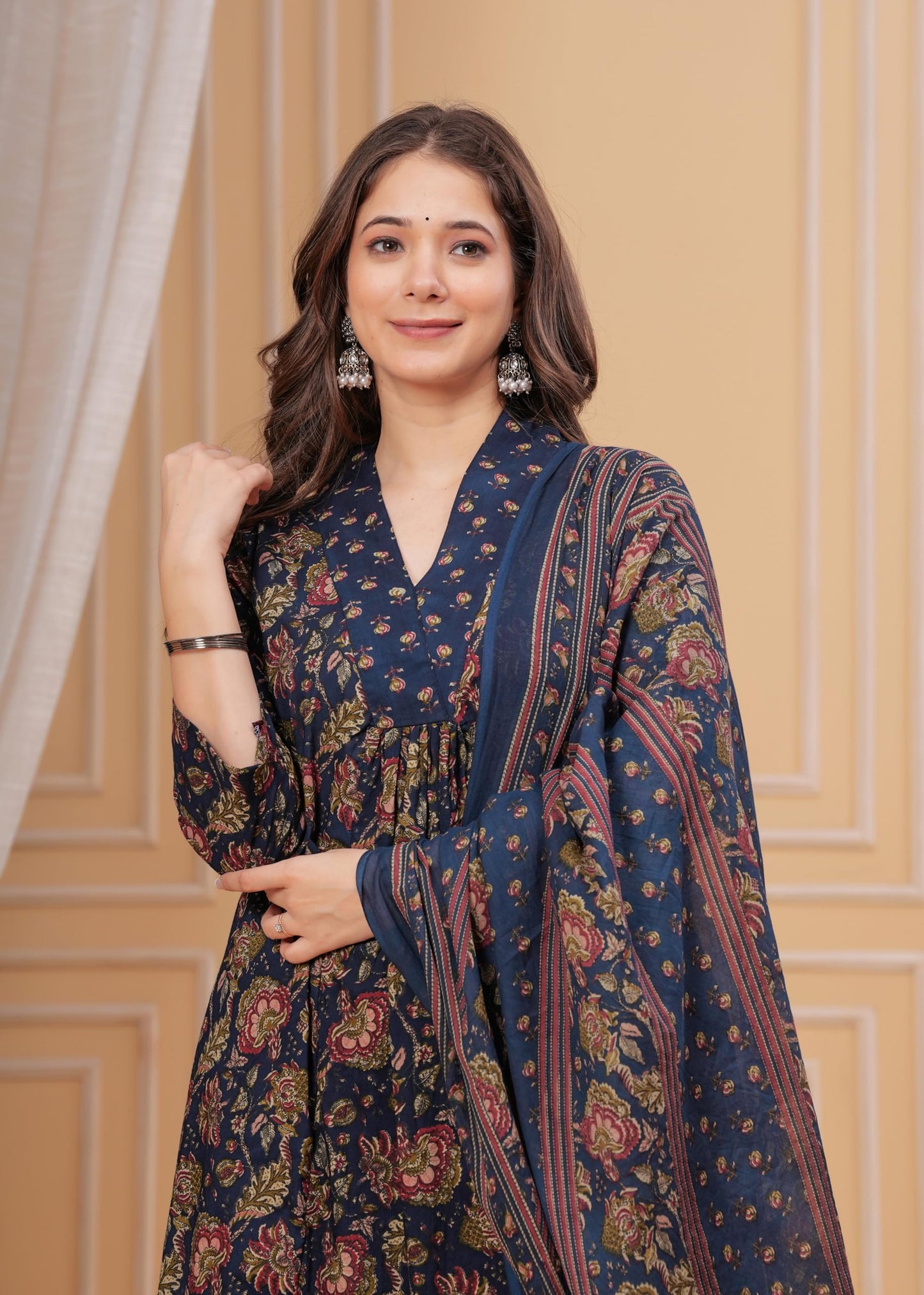 Women's Cotton Anarkali Printed Kurta with Palazzo & Dupatta Blue