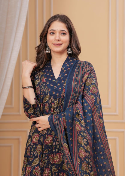 Women's Cotton Anarkali Printed Kurta with Palazzo & Dupatta Blue
