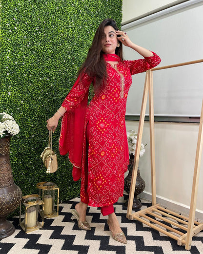 Women's Rayon Blend Straight Printed Kurta with Pant & Dupatta (TURAE Rani-GS_L_Pink_Large)