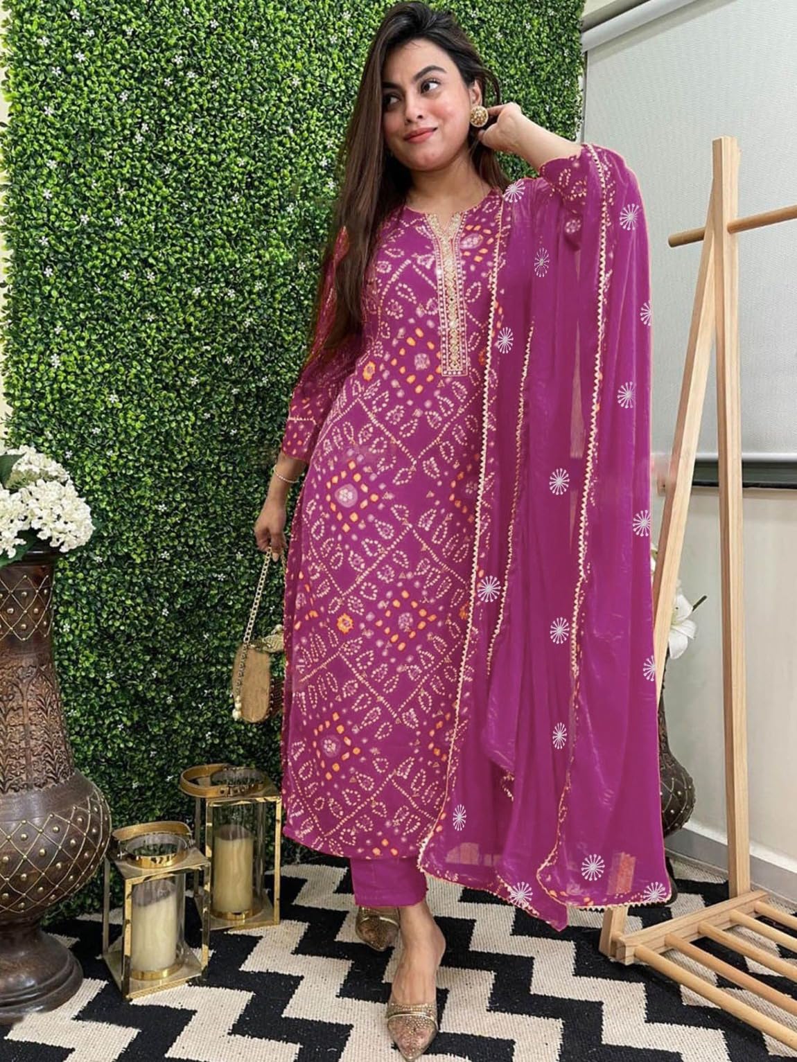Women's Rayon Blend Straight Printed Kurta with Pant & Dupatta (TURAE Rani-GS_L_Pink_Large)