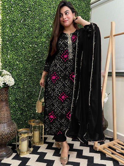 Women's Rayon Blend Straight Printed Kurta with Pant & Dupatta (TURAE Rani-GS_L_Pink_Large)