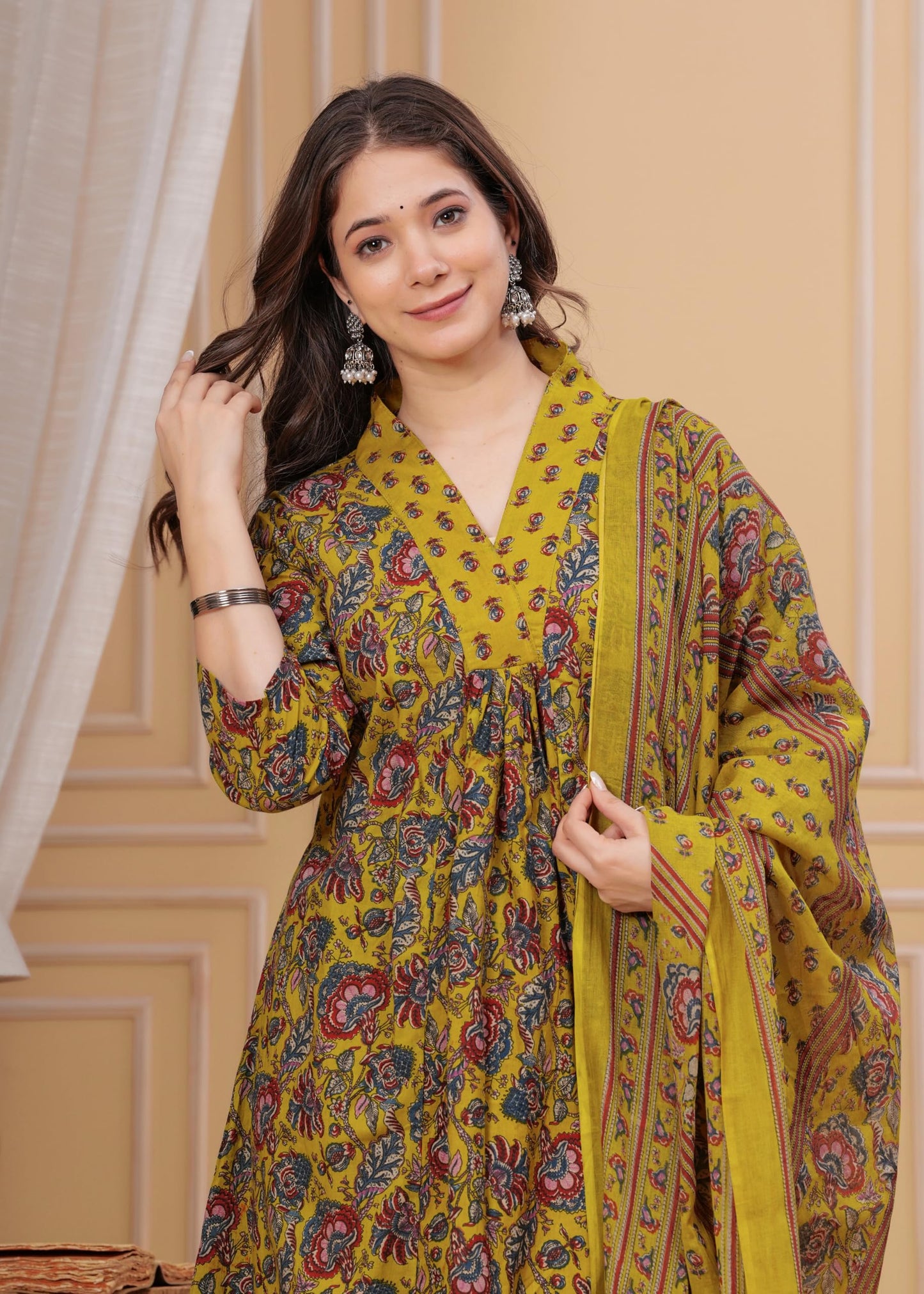 Women's Cotton Anarkali Printed Kurta with Palazzo & Dupatta Blue