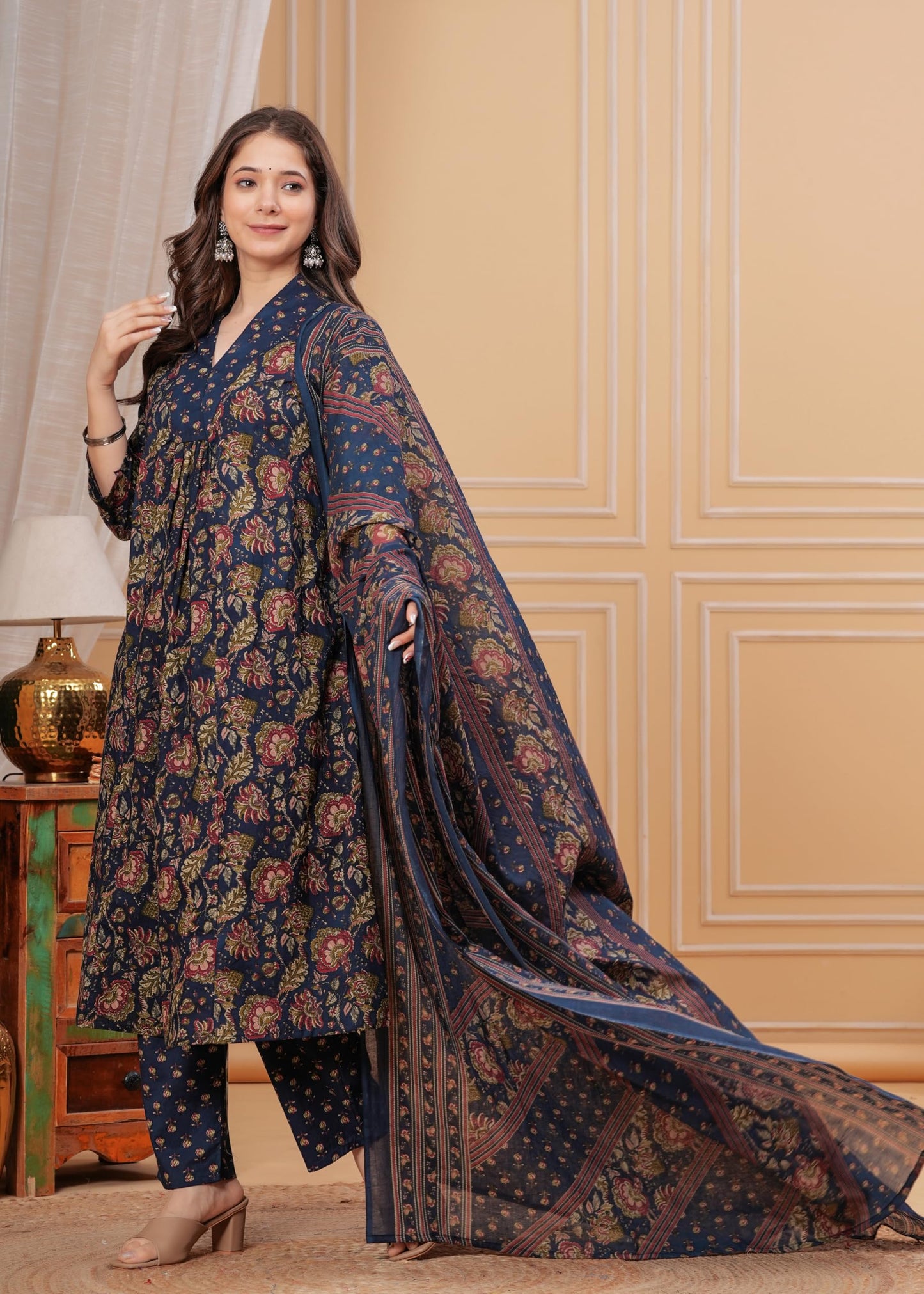 Women's Cotton Anarkali Printed Kurta with Palazzo & Dupatta Blue