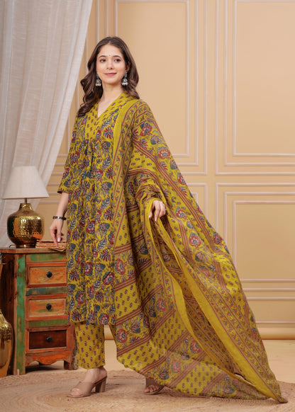 Women's Cotton Anarkali Printed Kurta with Palazzo & Dupatta Blue