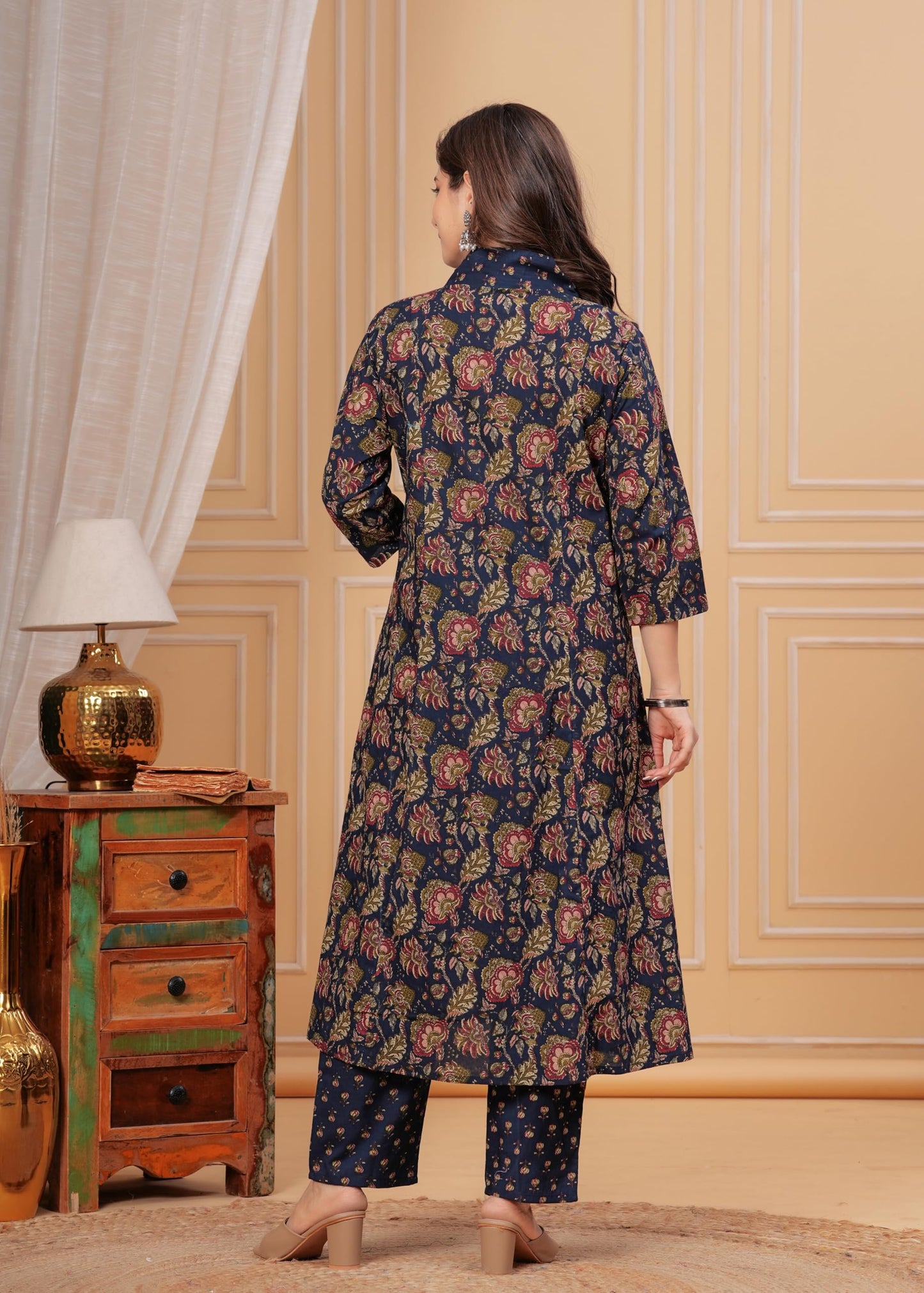 Women's Cotton Anarkali Printed Kurta with Palazzo & Dupatta Blue