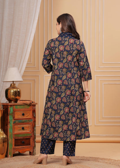 Women's Cotton Anarkali Printed Kurta with Palazzo & Dupatta Blue