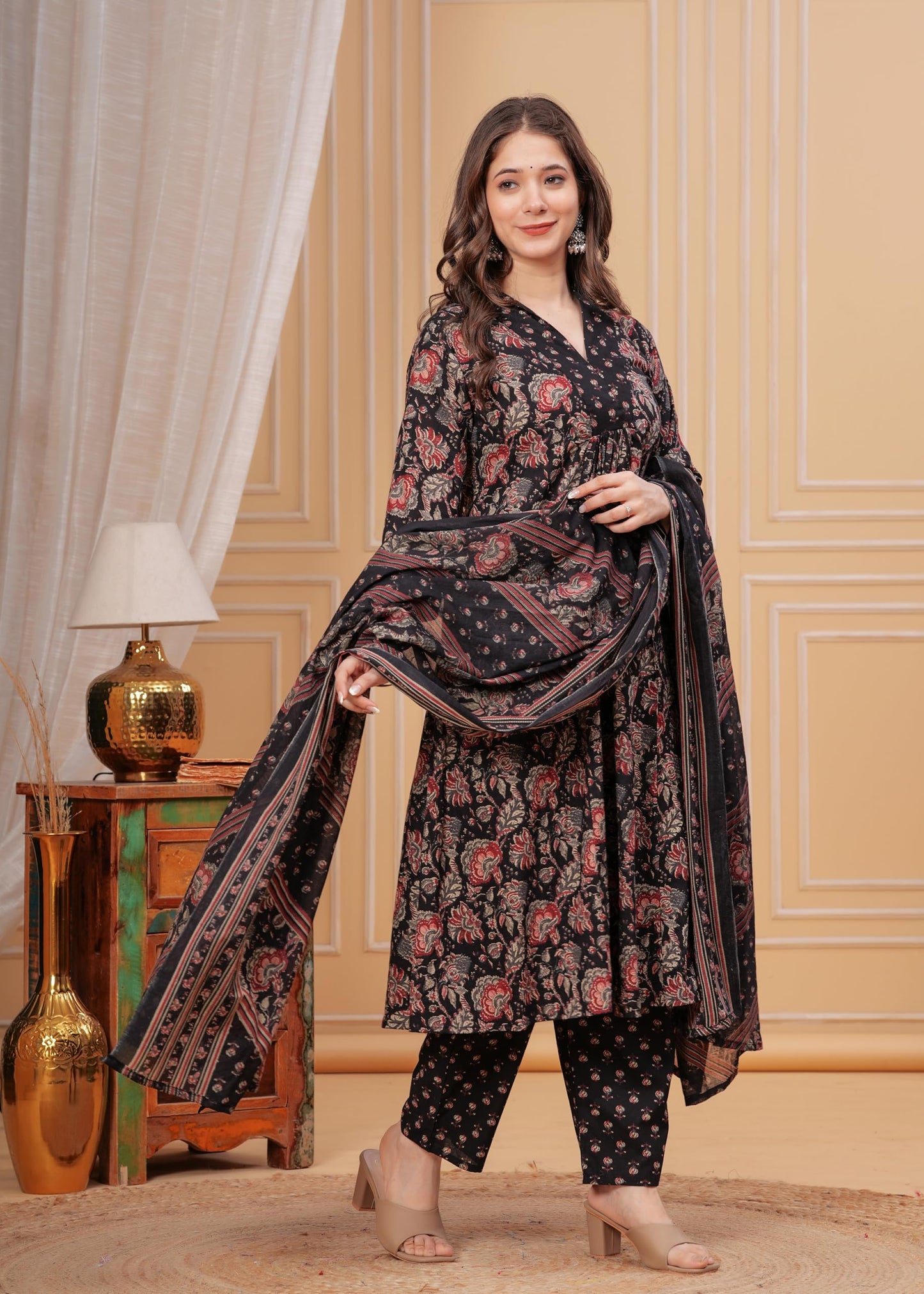 Women's Cotton Anarkali Printed Kurta with Palazzo & Dupatta Blue