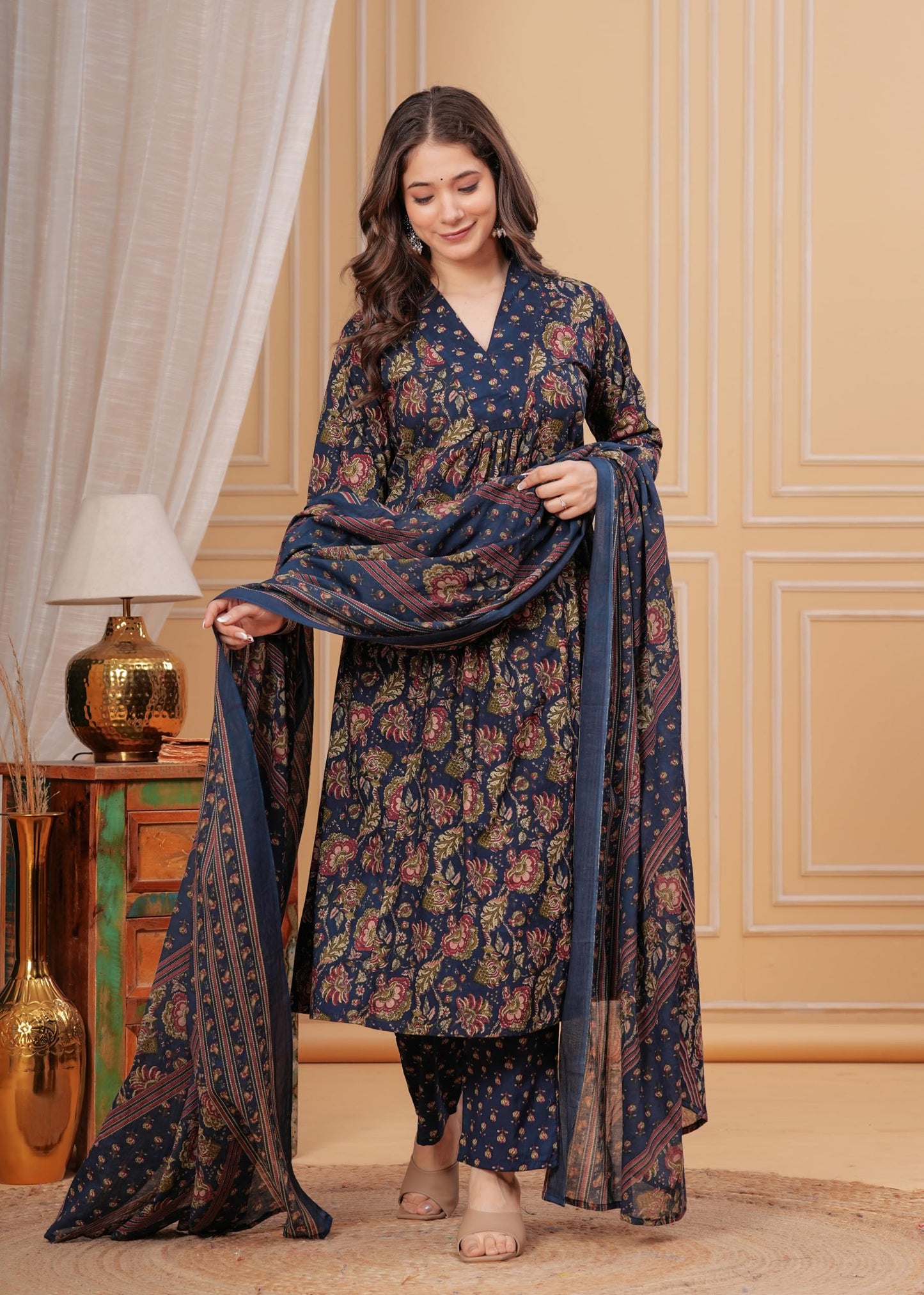 Women's Cotton Anarkali Printed Kurta with Palazzo & Dupatta Blue
